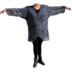 Jennafer Grace Star Print Blouse Navy White L/XL Semi Sheer Boho Top 3/4 Sleeve